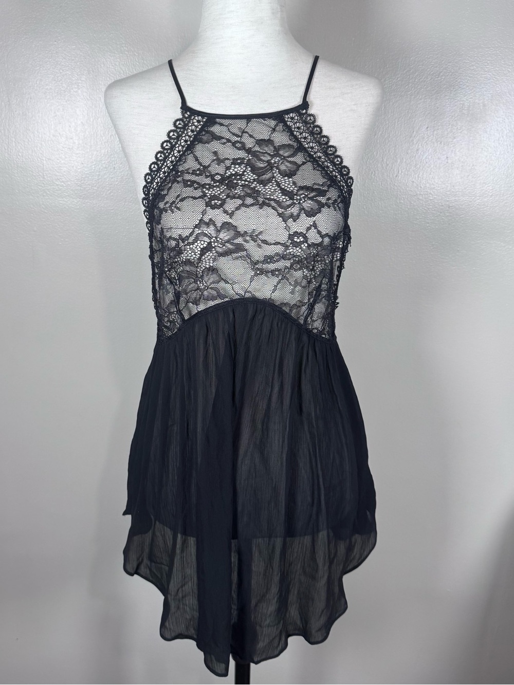 Victoria’s Secret Sz S Lace High Neck Tie Babydoll Halter Sheer Lingerie Top